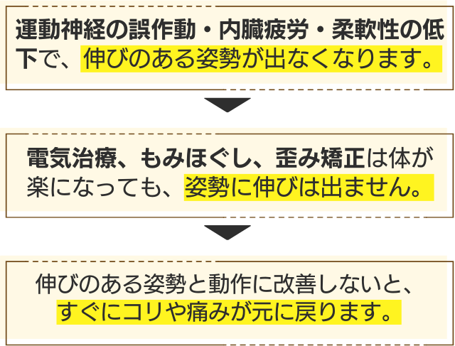 運動神経の誤作動・内臓疲労・柔軟性の低下で、伸びのある姿勢が出なくなります。電気治療、もみほぐし、歪み矯正は体が 楽になっても、姿勢に伸びは出ません。伸びのある姿勢と動作に改善しないと、 すぐにコリや痛みが元に戻ります。