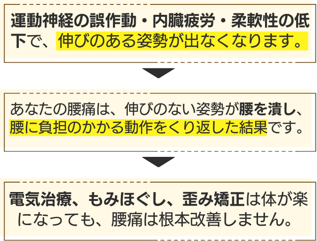 運動神経の誤作動・内臓疲労・柔軟性の低下で、伸びのある姿勢が出なくなります。あなたの腰痛は、伸びのない姿勢が腰を潰し、腰に負担のかかる動作をくり返した結果です。電気治療、もみほぐし、歪み矯正は体が楽になっても、腰痛は根本改善しません。