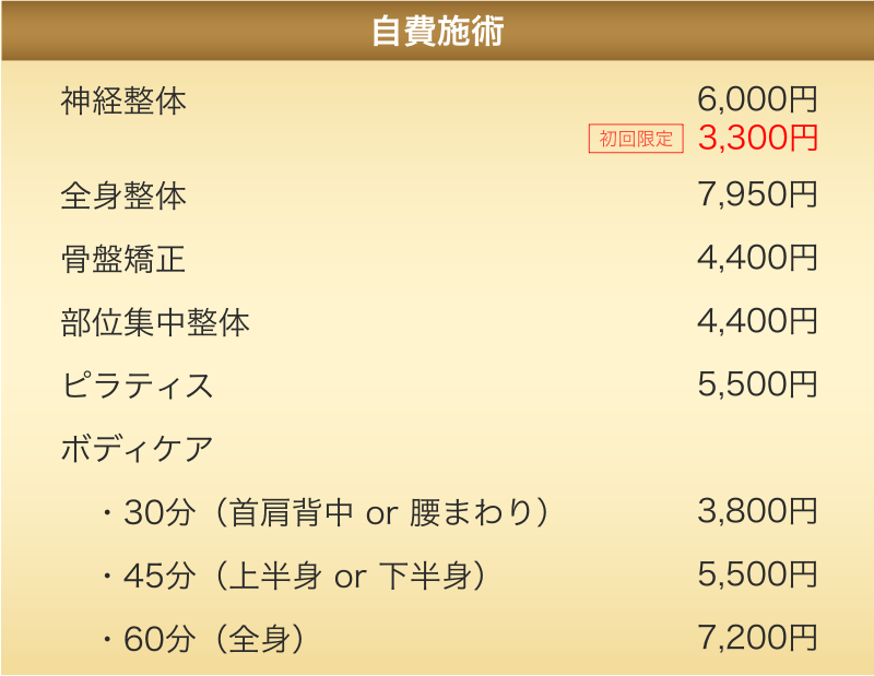 （自費施術）神経整体6,000円、全身整体7,950円、骨盤矯正4,400円、部位集中整体4,400円、ピラティス5,500円、ボディケア30分（首肩背中 or 腰まわり）3,800円、ボディケア45分（上半身 or 下半身）5,500円、ボディケア60分（全身）7,200円