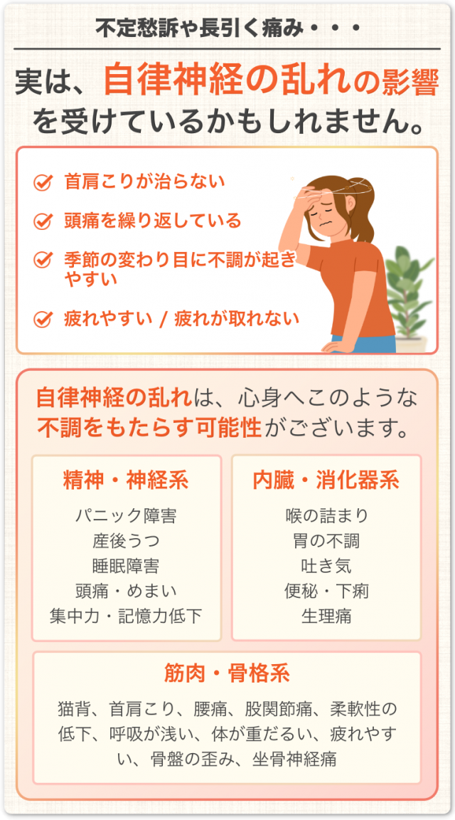 不定愁訴や長引く痛み・・・。実は、自律神経の乱れの影響を受けているかもしれません。