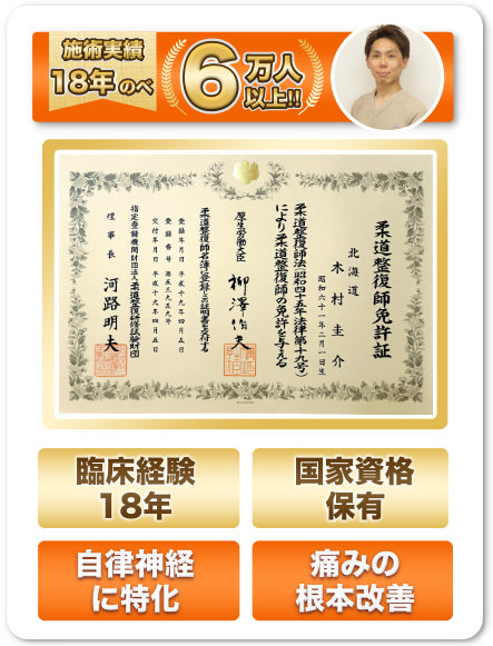 施術実績18年でのべ６万人以上！国家資格保有、自律神経に特化、痛みの根本改善、東洋医学、オステオパシー